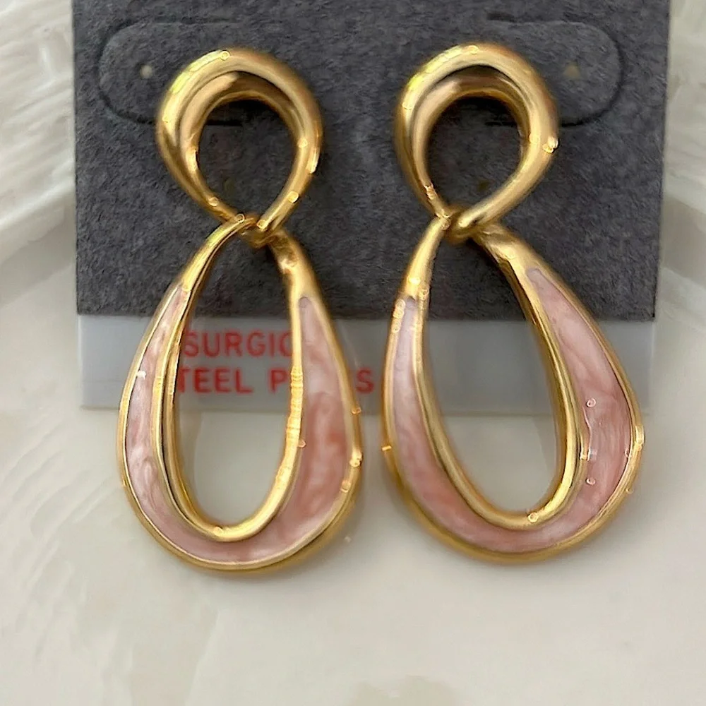 Gold Clay Pink Loop Dangle Earrings Pierced NEW Vintage Surgical Steel Post - Picture 9 of 10